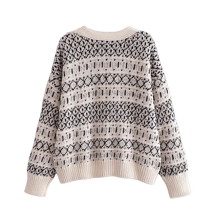 Retro lazy jacquard knitted cardigan coat sweater 7463