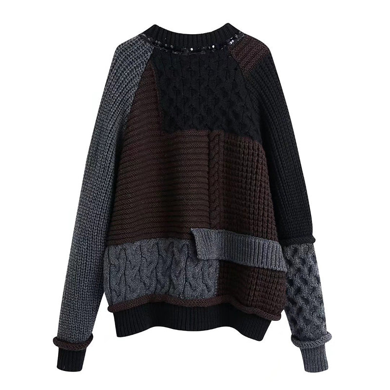 Fashion loose round neck Beaded patchwork sweater 7512
