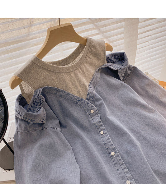 Vintage washed denim shirt women's Korean loose top 6288