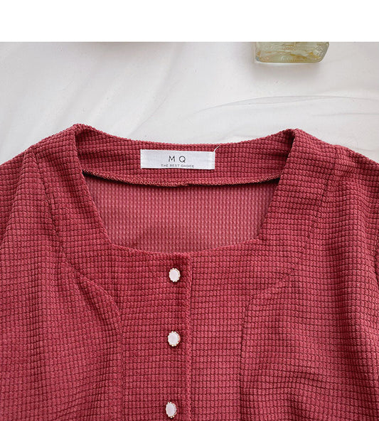 Korean style casual solid color single breasted long sleeve top 6341