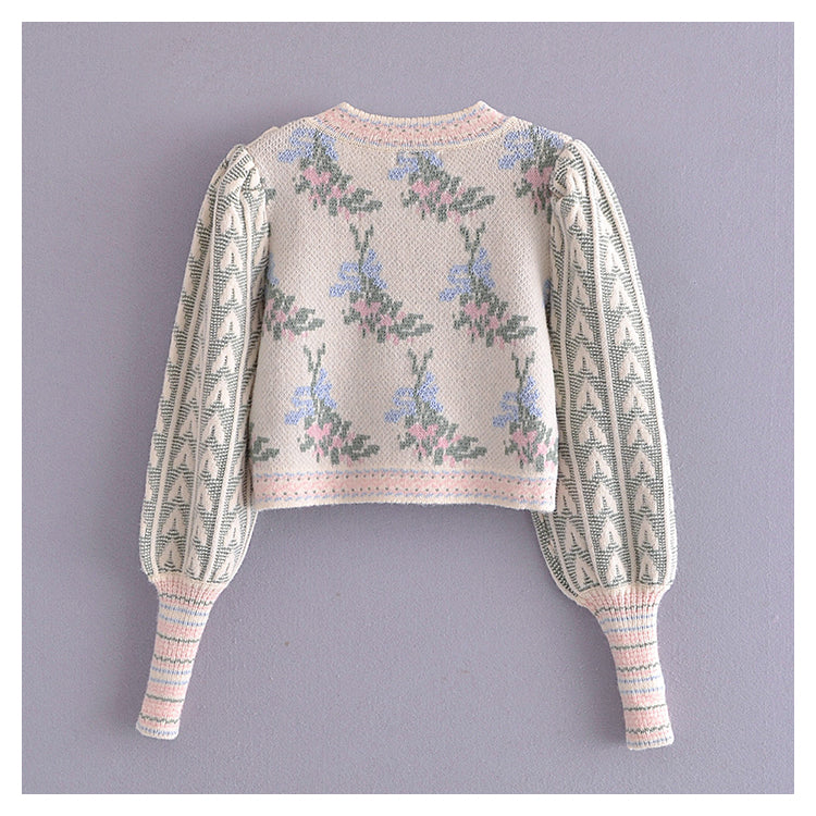 Vintage jacquard sweater women's bubble sleeve sweater 7165