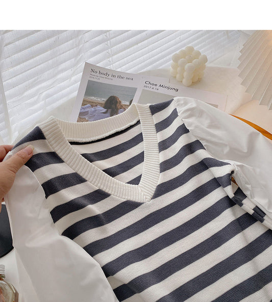 Korean minority design knitted stitched long sleeve top 6303