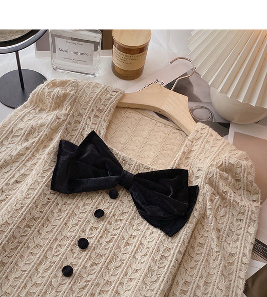 Bow Vintage French shirt square neck long sleeve top fashion 6389