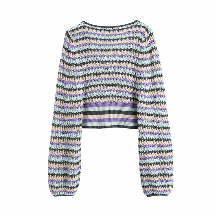V-neck Lantern Sleeve T-Shirt contrast stripe hollowed out 7230