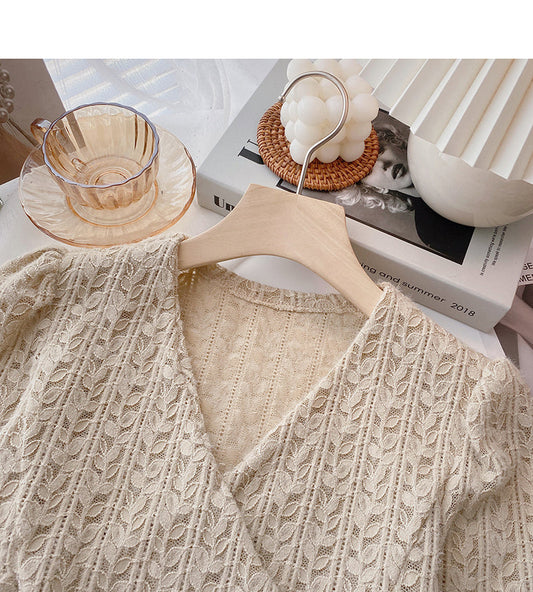 New Korean cross style short V-Neck long sleeve top 6346