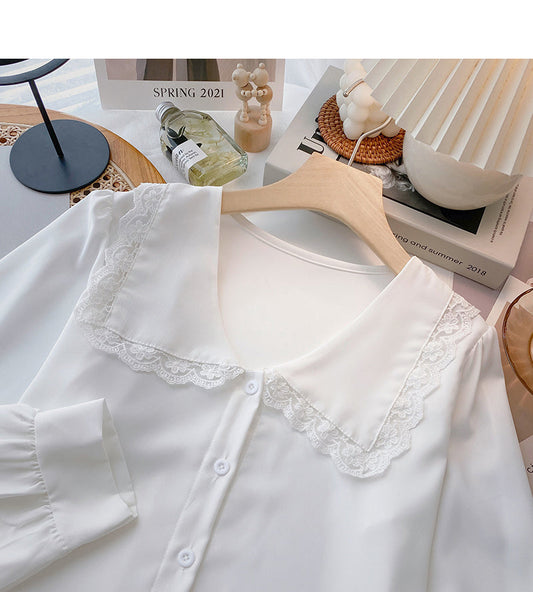 Lace doll neck design shirt soft sweet long sleeve top 6367