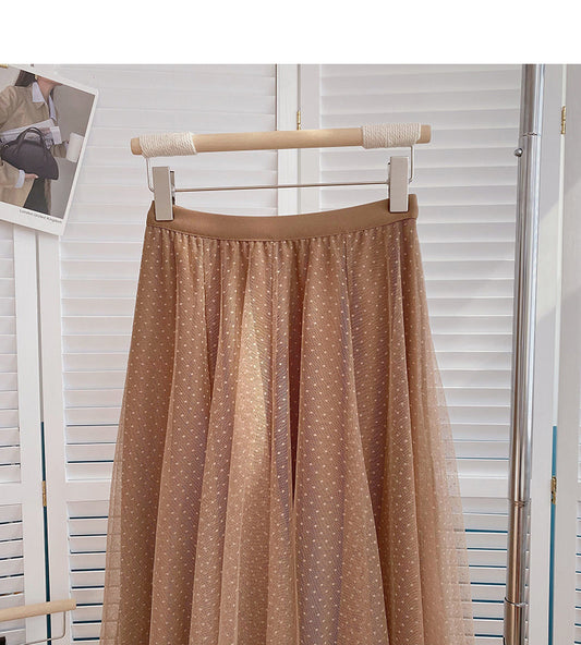 Solid color Polka Dot mesh high waist A-shaped mid length skirt 5790
