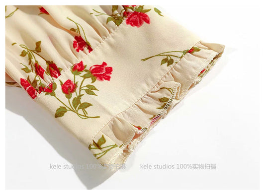 French minority V-neck retro fresh floral dress 7022