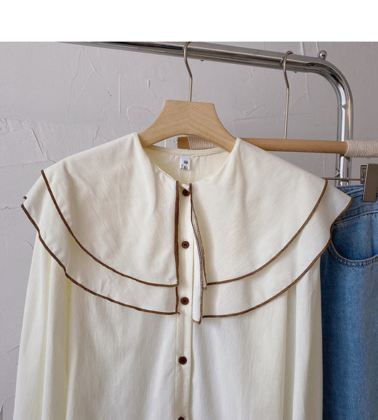 Baby collar long sleeve Vintage shirt casual loose top fashion 6431