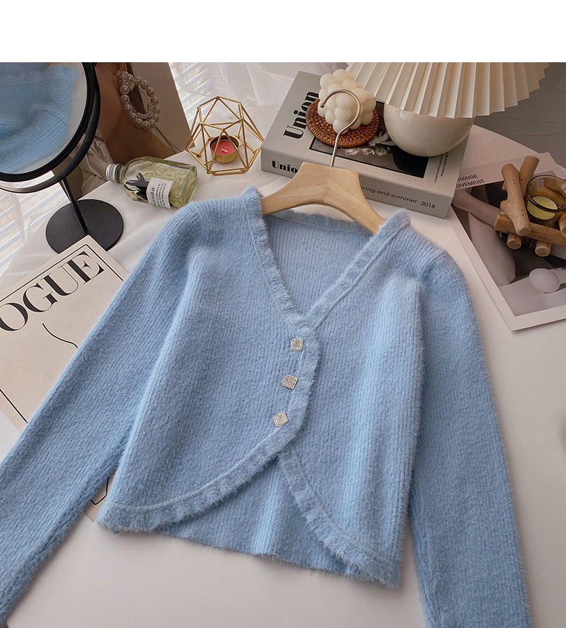 Gentle retro temperament V-neck short slim top cardigan 6153