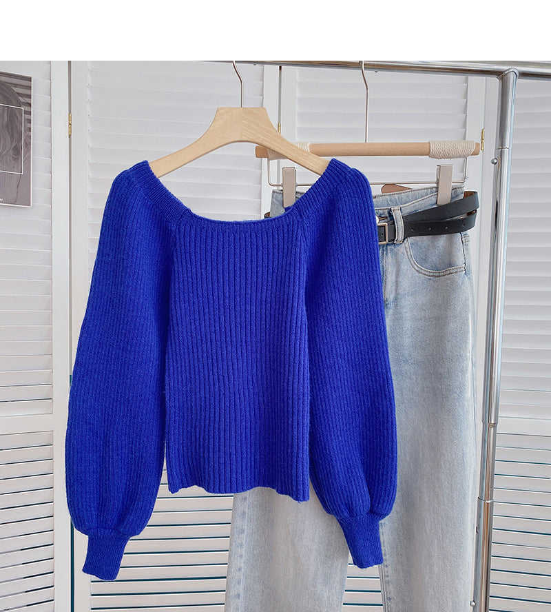 Vintage Lantern Sleeve square neck sweater looks thin and fashionable 6090