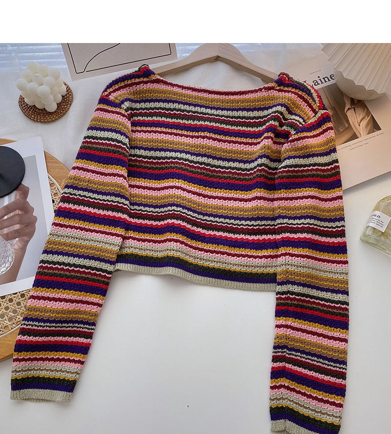 Colorful striped sweater sweet high waist short V-neck top 6521