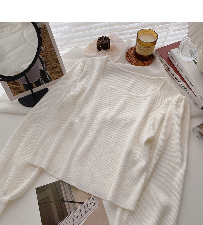Small man's sweater solid color square neck long sleeve short top 6589