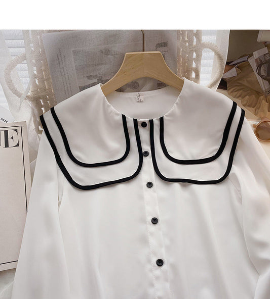Navy collar slim Vintage Long Sleeve Shirt 6419