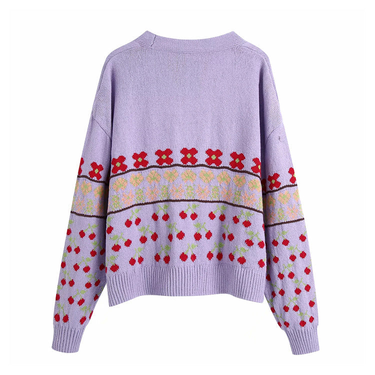New women's sweet purple jacquard knitted coat 7231