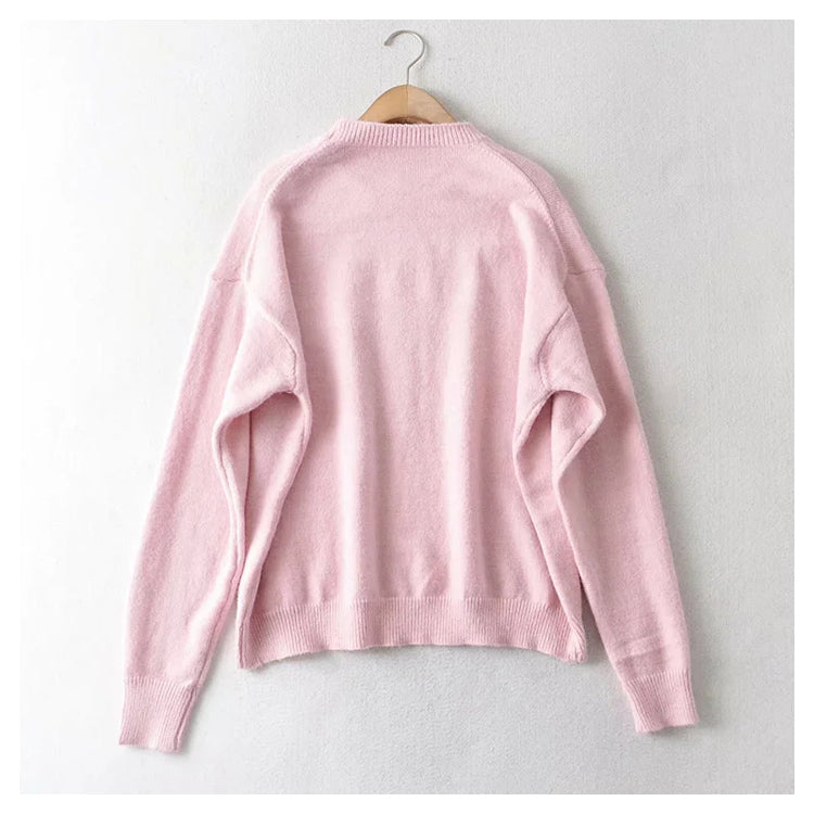 Lazy style sweater loose round neck simple long sleeve sweater 7439