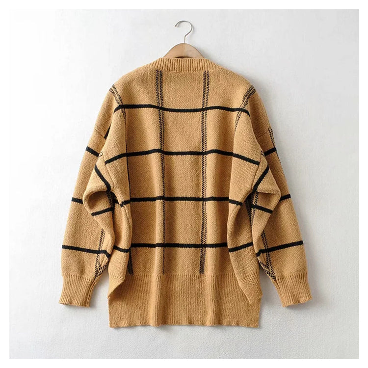 New lazy V-neck contrast Plaid knit cardigan coat 7305