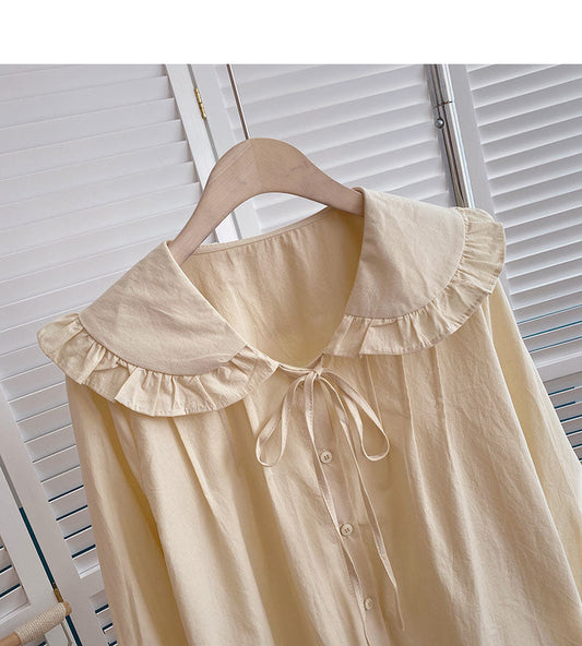 Solid color drawstring doll Neck Shirt Long Sleeve Shirt cardigan 6347