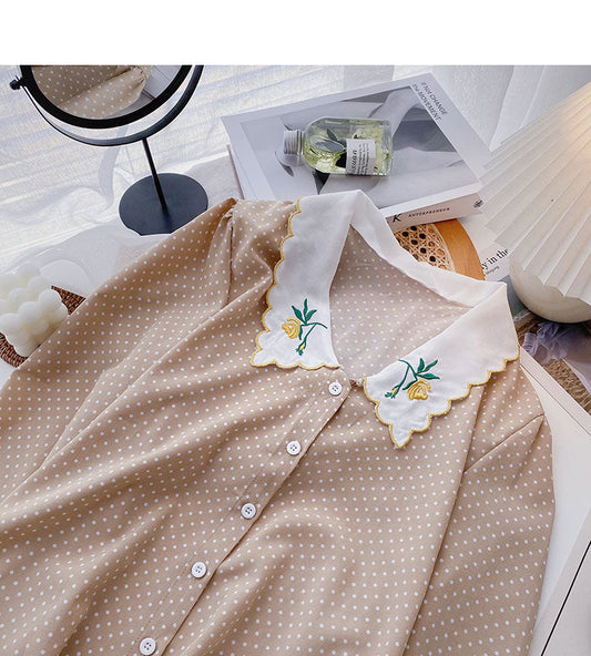 Small French Polka Dot Shirt Lapel embroidered shirt 6266