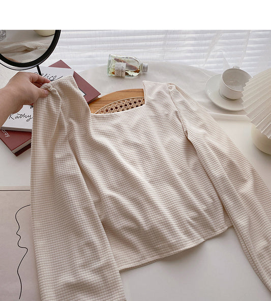 Small minority design Vintage pearl button square collar thin blouse 6306