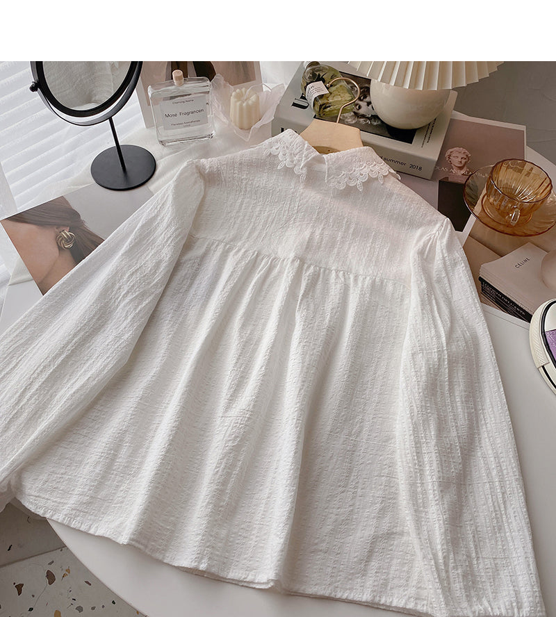 Cut out lace Lapel foreign style long sleeve top 6370