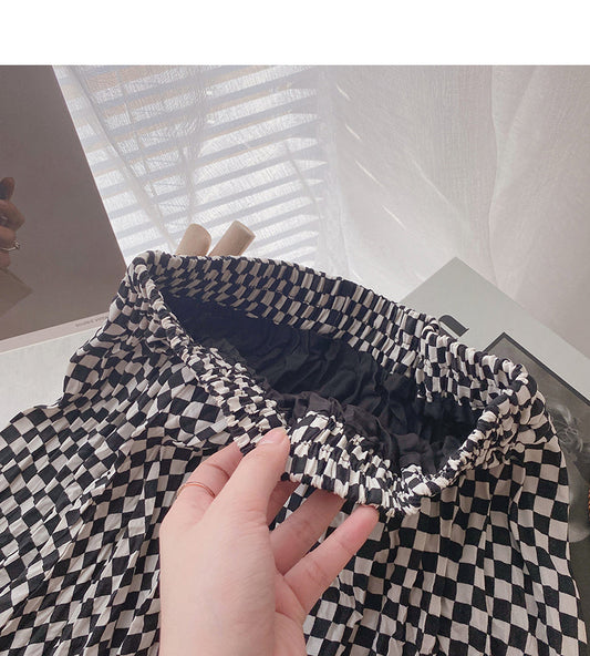 Irregular plaid skirt women's slim high waist elastic A-shaped long skirt 5807