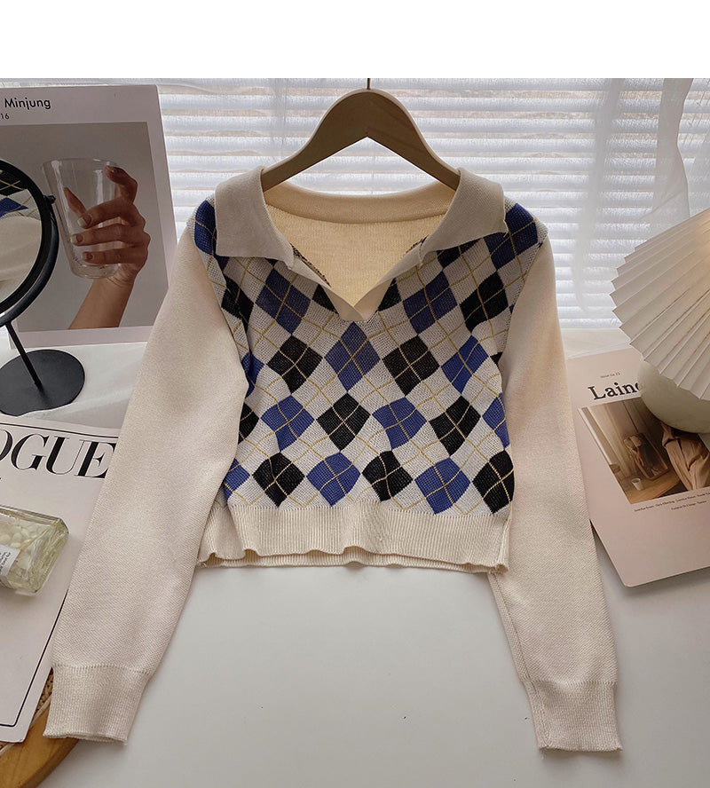 Plaid long sleeve sweater small short Pullover Top 6653