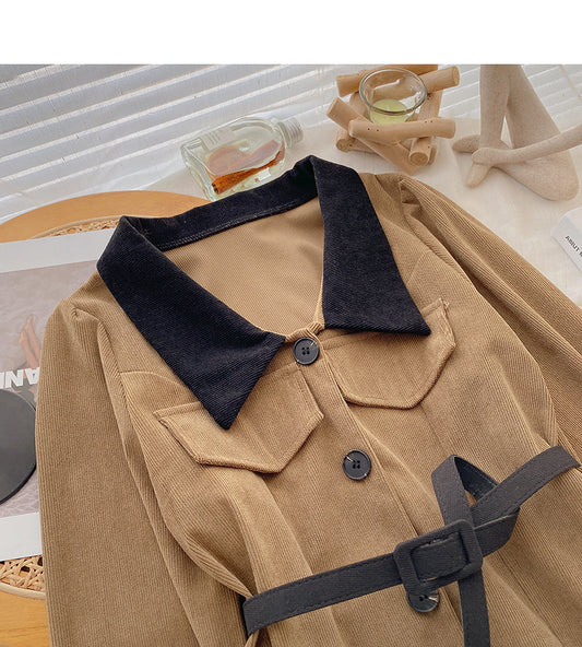 Vintage color matching Lapel long sleeve slim shirt with belt 6364