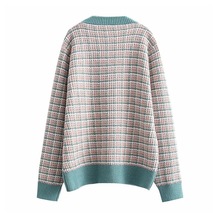French xiaoxiangfeng knitted cardigan V-neck Plaid loose coat sweater top 7361