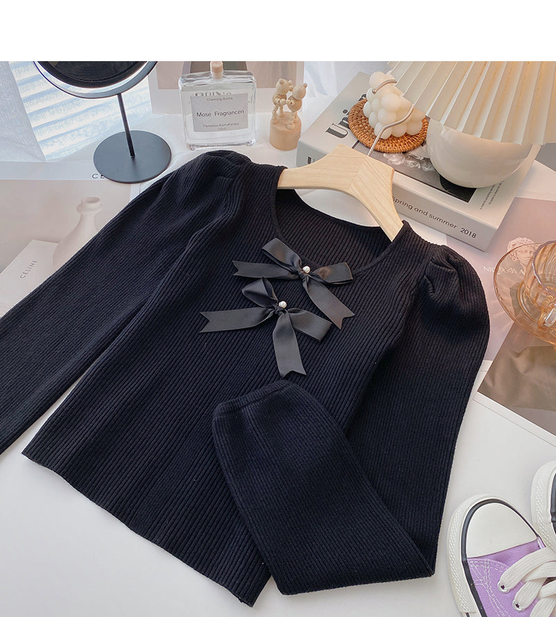 Bow Vintage French sweater slim long sleeve top 6524