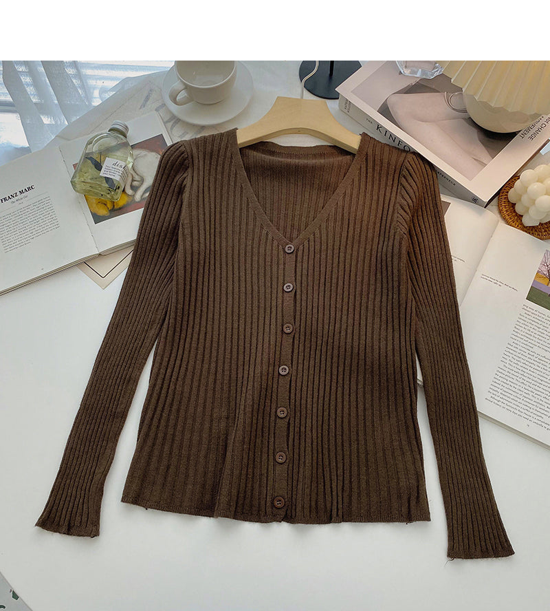 Knit cardigan slim slim V-Neck long sleeve top 6514