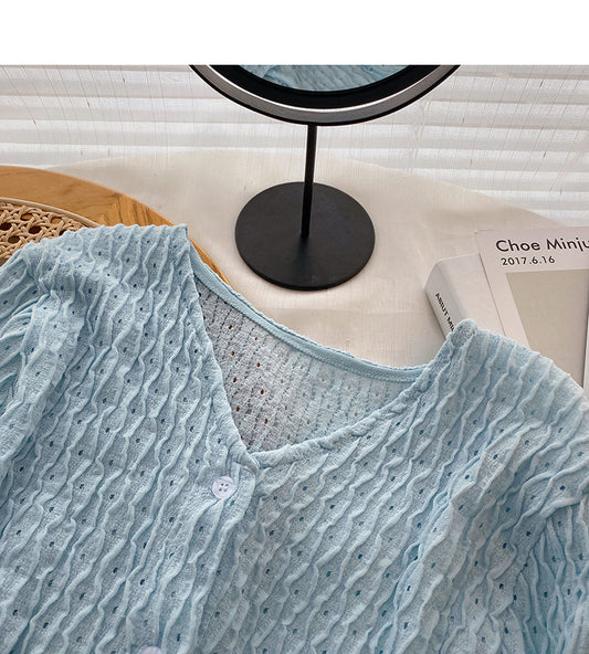 Slim and slim pleated top trendy and niche V-neck shirt female 6312