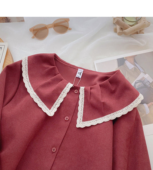 Korean version of exotic age reducing lace doll neck long sleeve versatile top 6353