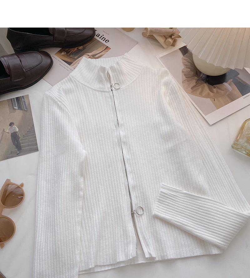 Slim fit short slim design zipper stand collar long sleeve top 6672