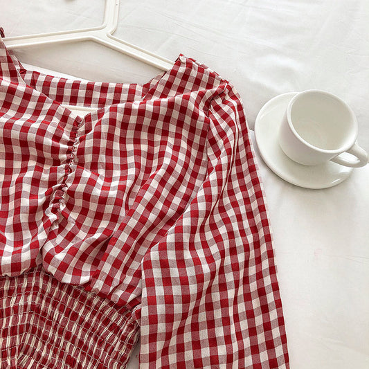 Korean girls' sweet little Plaid Shirt 6249