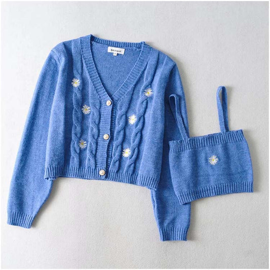 Vintage flower embroidery short loose cardigan top coat 7212