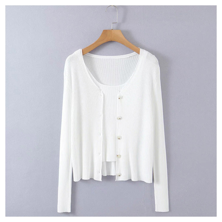 Knitted long sleeved cardigan + two-piece sweater with sling inside 7269