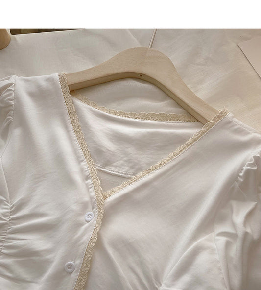 Single breasted lace design V-neck shirt 6359