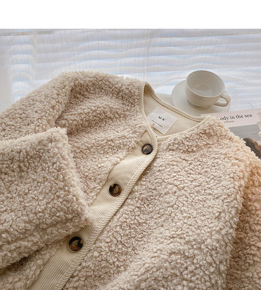 Lamb wool coat female Korean minority design loose pocket long sleeve top 6221