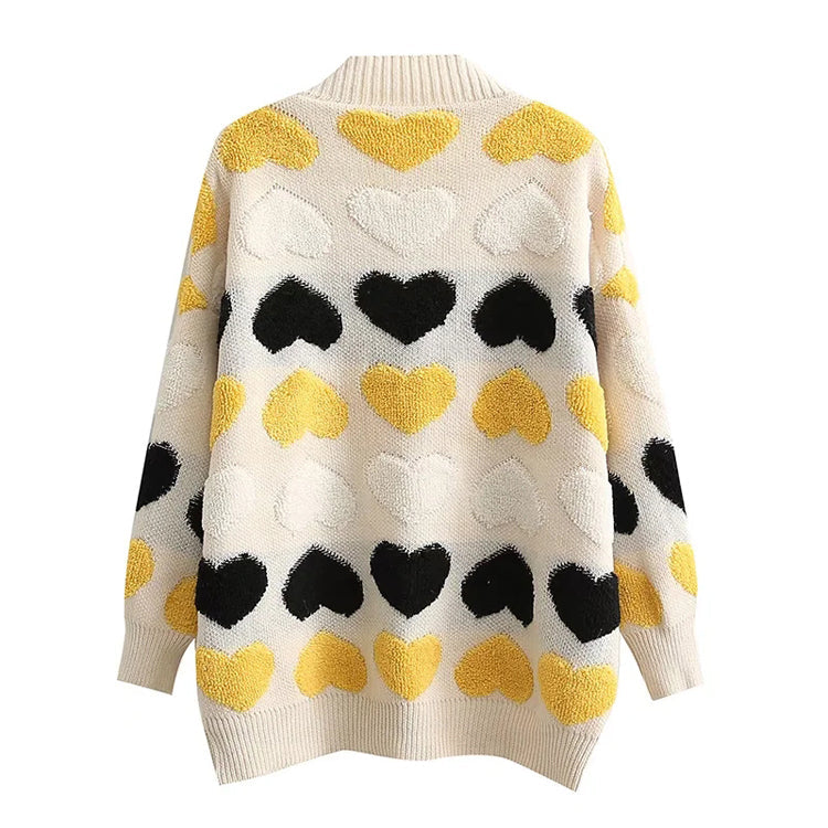 V-neck single breasted love jacquard loose knit cardigan coat 7371