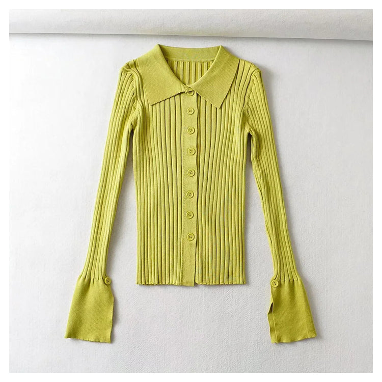 Single breasted flare sleeve pit stripe solid color sweater 7384
