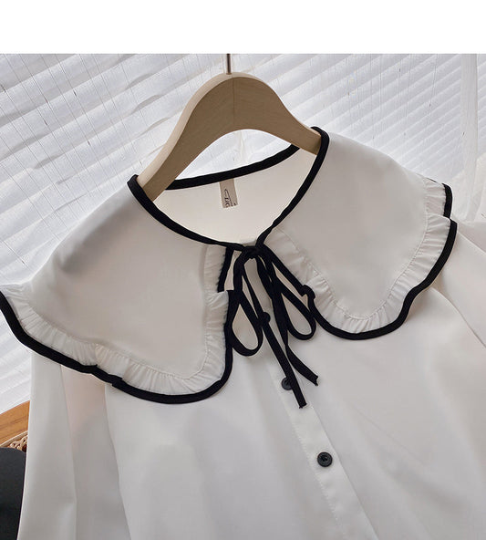 Design sense lace bandage doll neck slim long sleeve top 6391