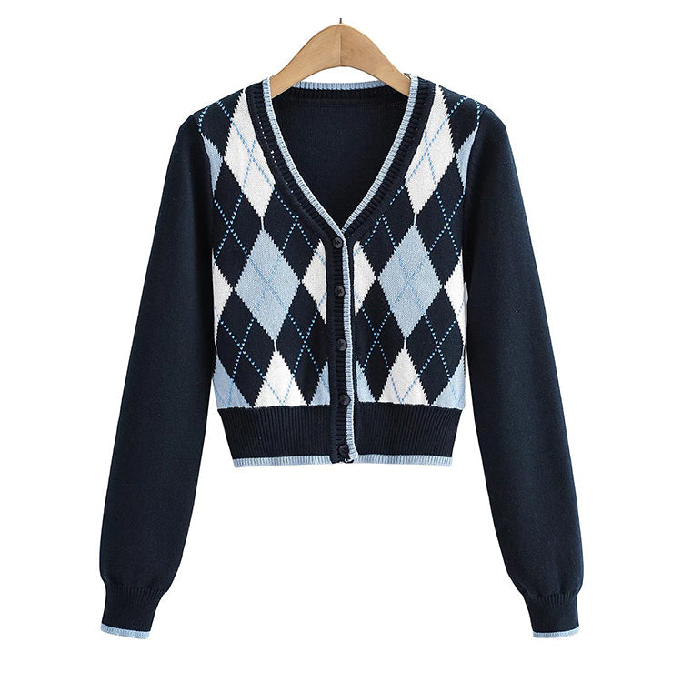 College style diamond check knitted sweater 7517