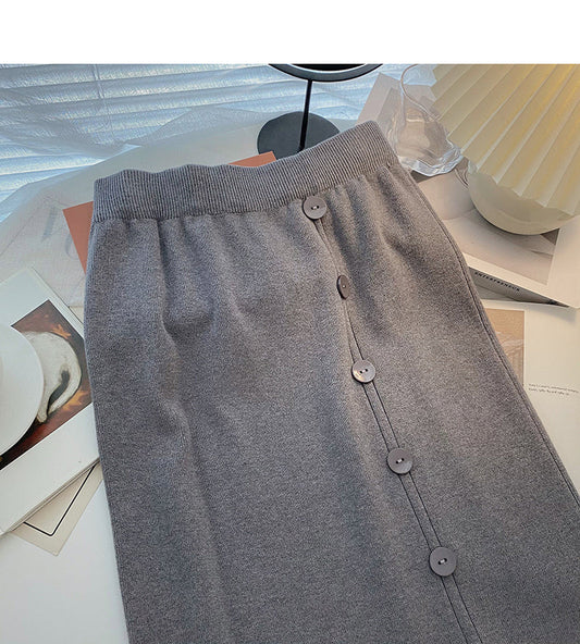 Design sense single breasted split A-line slim Knit Skirt 5741