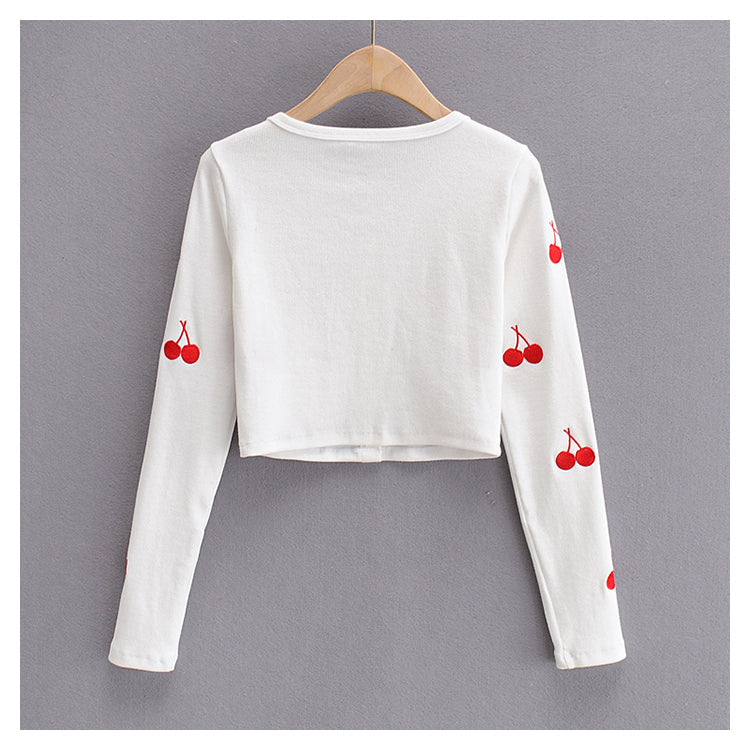 French Vintage Cherry embroidered single breasted short sweater 7426
