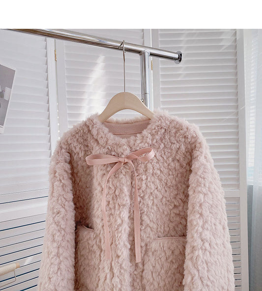 Lamb down coat aging loose tie long sleeve top 6225