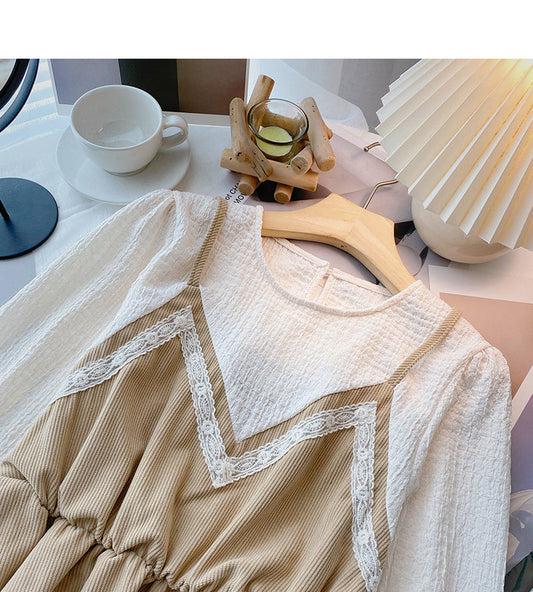 Vintage shirt with thin waist stitching fake two tops 6387