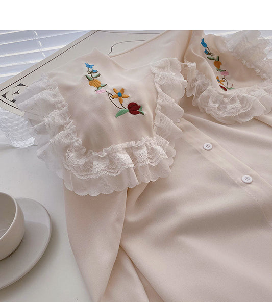 Korean girls' sense of foreign style lace doll neck top 6265