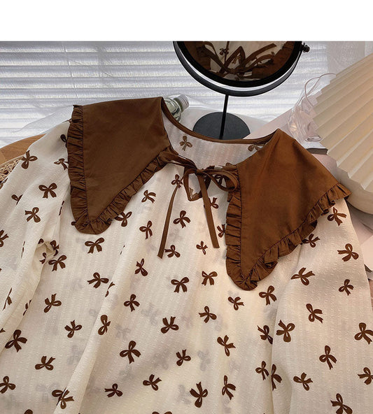 Korean minority design bow Print Long Sleeve Top 6311