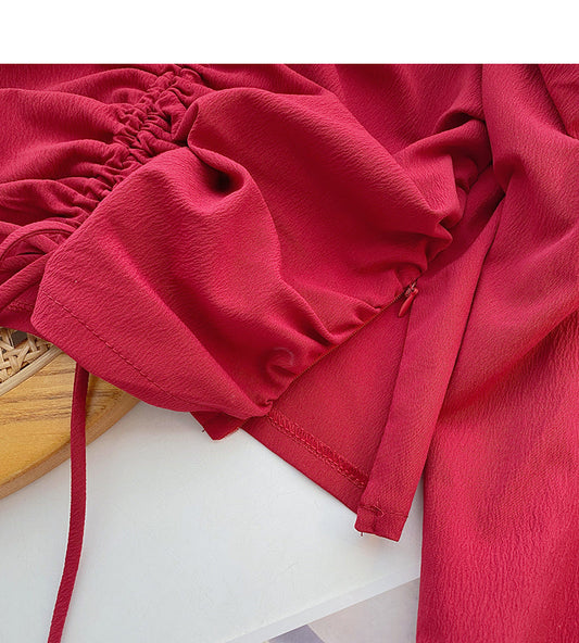 Drawstring pleated long sleeve shirt shows thin temperament top 6421